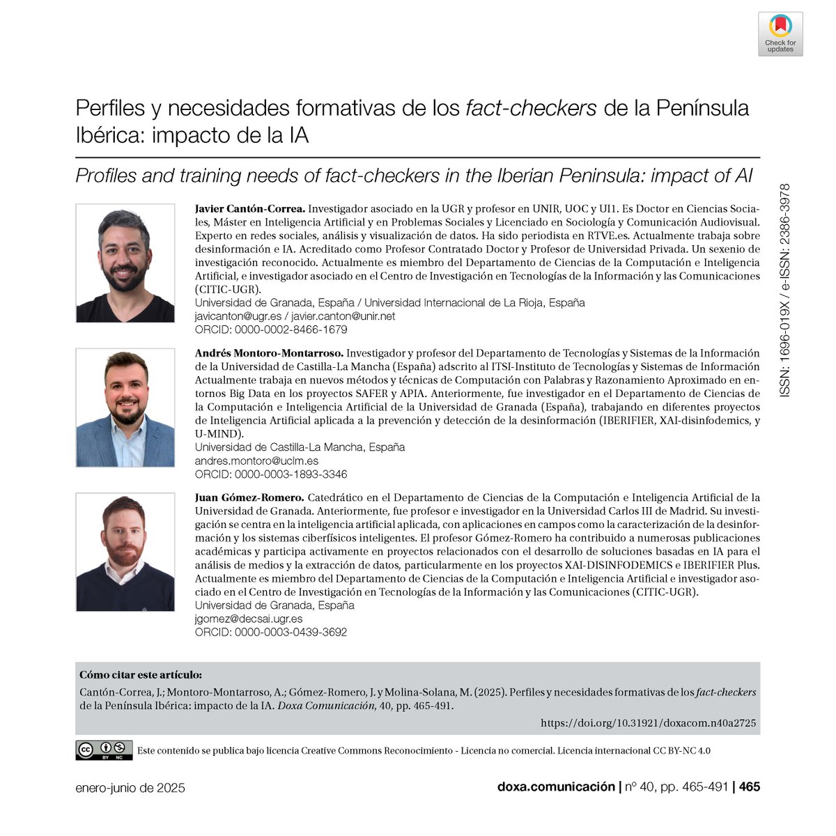 Doxa Comunicación (@doxacom) on Twitter photo Perfiles y necesidades formativas de los fact-checkers de la Península Ibérica: impacto de la IA
👌🏻 Por Javier Cantón-Correa, Juan Gómez-Romero y Miguel Molina-Solana de la <a href="/CanalUGR/">Universidad Granada</a> y Andrés Montoro Montarroso de la <a href="/uclm_es/">Universidad de Castilla-La Mancha</a>
DOI: doi.org/10.31921/doxac… Perfiles y necesidades formativas de los fact-checkers de la Península Ibérica: impacto de la IA
👌🏻 Por Javier Cantón-Correa, Juan Gómez-Romero y Miguel Molina-Solana de la <a href="/CanalUGR/">Universidad Granada</a> y Andrés Montoro Montarroso de la <a href="/uclm_es/">Universidad de Castilla-La Mancha</a>
DOI: doi.org/10.31921/doxac…