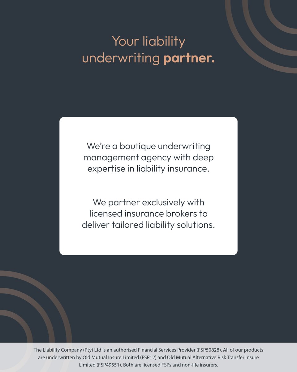 theliabilityco's tweet image. Who is The Liability Company? 💡
We’re a boutique, specialist underwriting management agency that partners exclusively with licensed insurance brokers to offer tailored liability solutions.
#Insurance #SouthAfrica