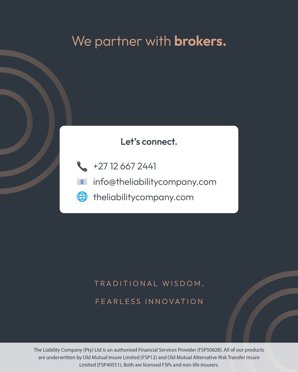 theliabilityco's tweet image. Who is The Liability Company? 💡
We’re a boutique, specialist underwriting management agency that partners exclusively with licensed insurance brokers to offer tailored liability solutions.
#Insurance #SouthAfrica