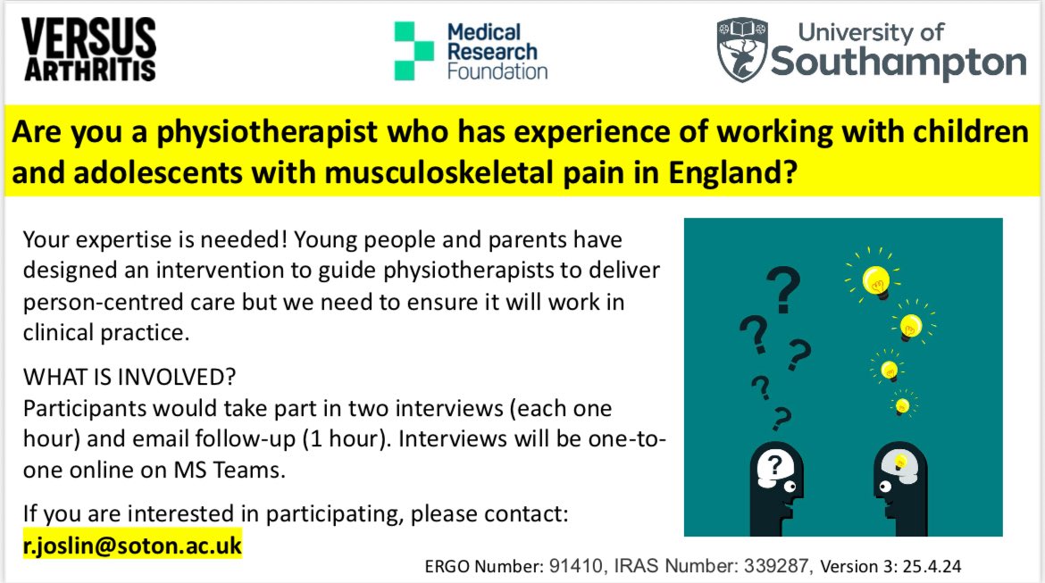 ⭐️ If you are a children’s physiotherapist working in a musculoskeletal outpatient department in the NHS (UK) please consider getting involved in this important research 👇
<a href="/VersusArthritis/">Versus Arthritis</a> 
<a href="/TheAPCP/">TheAPCP</a> <a href="/thecsp/">Chartered Society of Physiotherapy (CSP)</a> <a href="/PhysioPainAssoc/">PPA</a> <a href="/kaththacker/">Kath Thacker 💙</a> <a href="/nickyhorsley/">Nicky Horsley 💙</a>