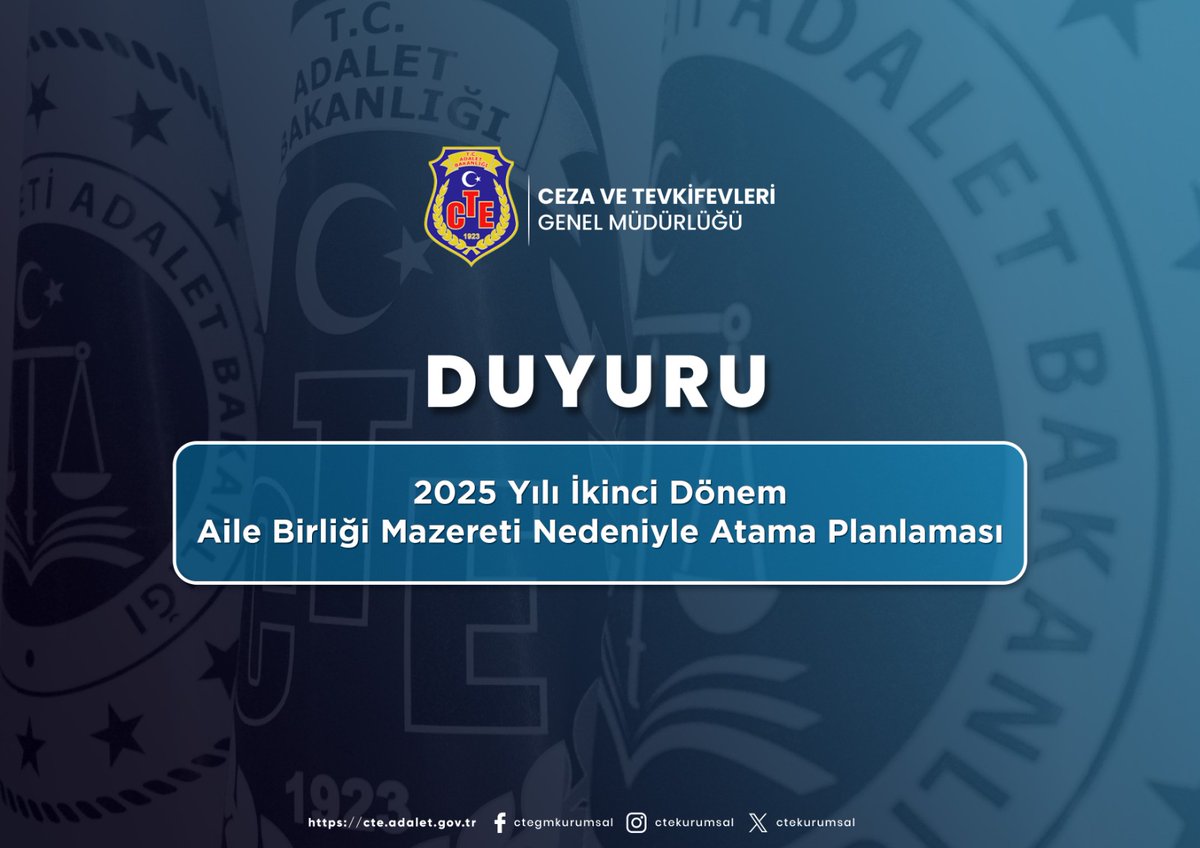 2025 Yılı İkinci Dönem Aile Birliği Mazereti Nedeniyle Atama Planlaması

➡️cte.adalet.gov.tr/Home/SayfaDeta…