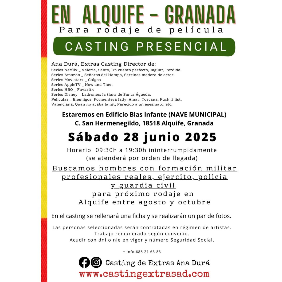 CASTING!📢
Se buscan EXTRAS/ACTORES para próximo rodaje de película en la provincia de #Granada.
🗓️ Sábado, 28 de junio, 09:30 a 19:30 horas
👉ALQUIFE (Nave Municipal)