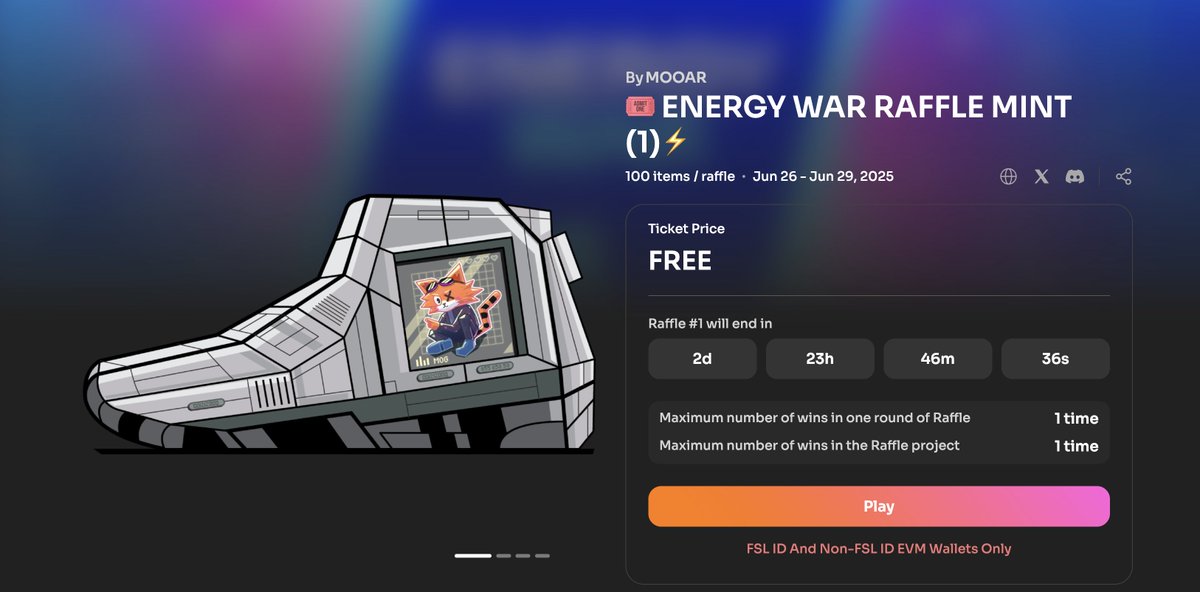 🎟️ ENERGY WAR RAFFLE MINT 

To enter, you must: 
✅ Have completed all 6 rounds of Energy War, or 
✅ Hold a Squire Badge (50% rate-up) or a Knight Badge (100% rate-up) 
✅ Be on the Whitelist (snapshot taken of eligible users)

🚨Snapshot Details A snapshot will be taken at a