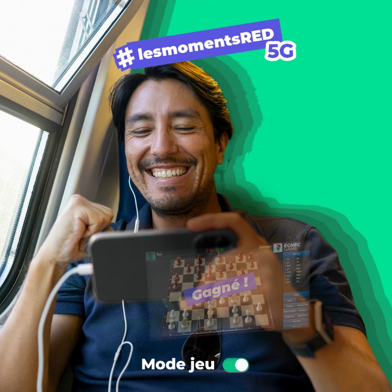 ♟️ Rejoins ton tournoi d'échecs même si t'es dans les transports.

🚆 Avec la 5G* de RED, tu peux battre le fou du bus avec ta reine

*5G sous réserve de couverture.