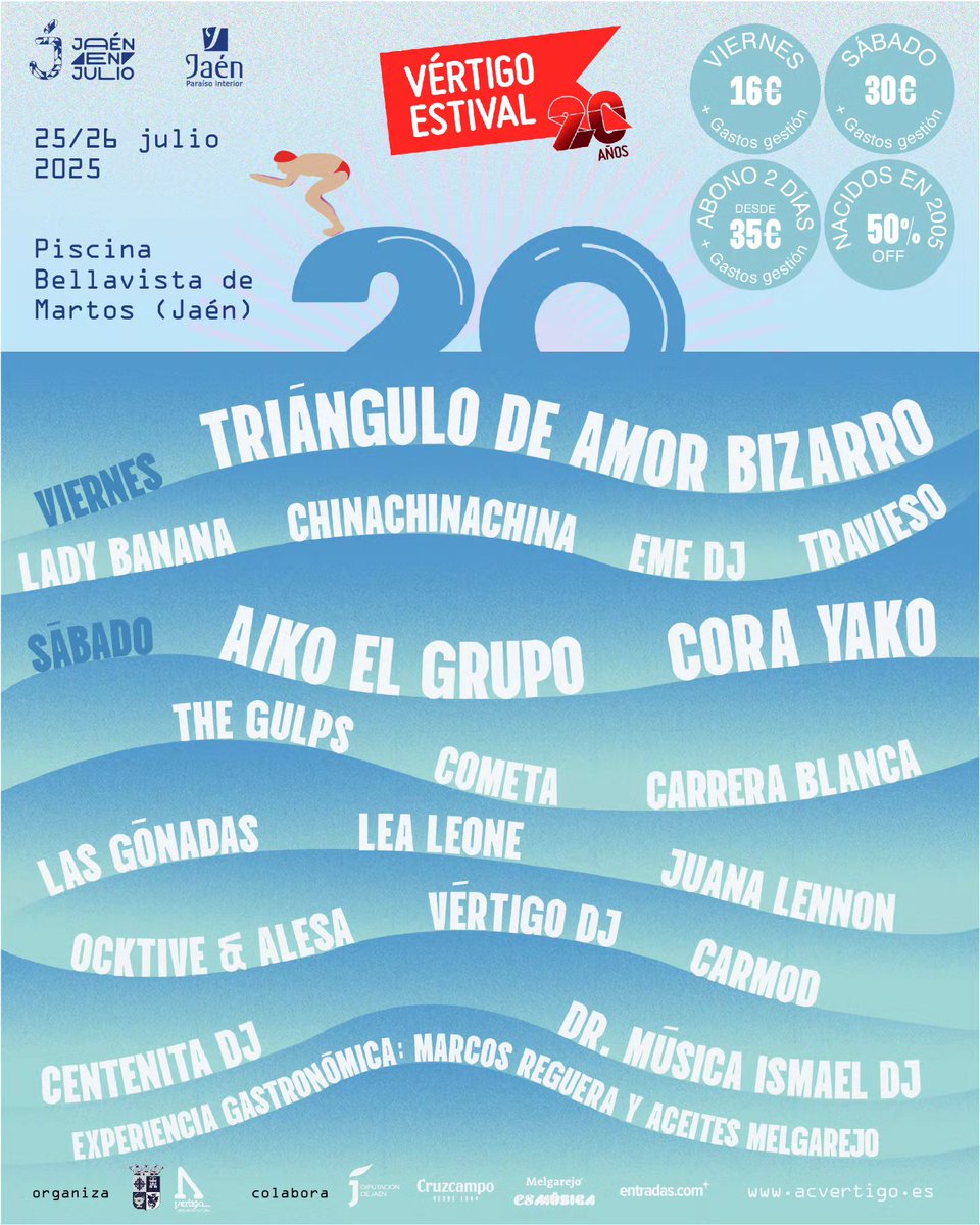 Vértigo Estival (@vertigoestival) on Twitter photo !Ya queda nada para Vértigo Estival 2025¡
Tenemos cartelazo, piscinón, bebidas fresquitas y MUCHAS GANAS DE VERTE
Más info en la web: acvertigo.es
<a href="/jaenenjulio/">Jaén en Julio</a> <a href="/AytoMartos/">Ayuntamiento Martos</a> <a href="/dipujaen/">Diputación de Jaén</a> <a href="/Cruzcampo/">Cruzcampo #ConMuchoAcento</a> <a href="/MelgarejoVirgin/">Melgarejo, extra virgin.</a> <a href="/jaenturismo/">Jaén ParaísoInterior</a> <a href="/HoraJaen/">Hora Jaén</a> @cultura_martos <a href="/entradas/">entradas.com</a>.com !Ya queda nada para Vértigo Estival 2025¡
Tenemos cartelazo, piscinón, bebidas fresquitas y MUCHAS GANAS DE VERTE
Más info en la web: acvertigo.es
<a href="/jaenenjulio/">Jaén en Julio</a> <a href="/AytoMartos/">Ayuntamiento Martos</a> <a href="/dipujaen/">Diputación de Jaén</a> <a href="/Cruzcampo/">Cruzcampo #ConMuchoAcento</a> <a href="/MelgarejoVirgin/">Melgarejo, extra virgin.</a> <a href="/jaenturismo/">Jaén ParaísoInterior</a> <a href="/HoraJaen/">Hora Jaén</a> @cultura_martos <a href="/entradas/">entradas.com</a>.com