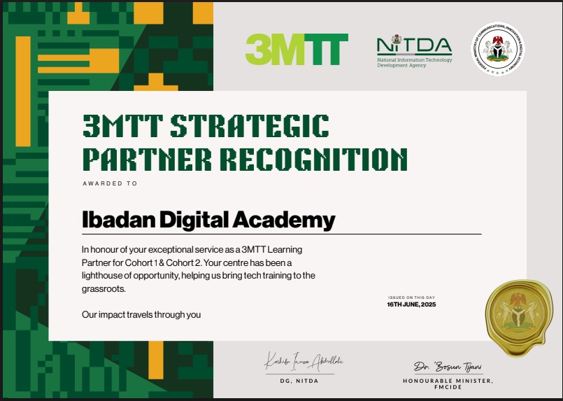 Exciting News

We are proud to announce that Ibadan Digital Academy has been honoured with the 3MTT Strategic Partner Recognition Award by NITDA and the Federal Ministry of Communications, Innovation &amp; Digital Economy.
<a href="/3MTTNigeria/">3MTT Nigeria</a> <a href="/NITDANigeria/">NITDA Nigeria</a> <a href="/bosuntijani/">Dr. 'Bosun Tijani</a>