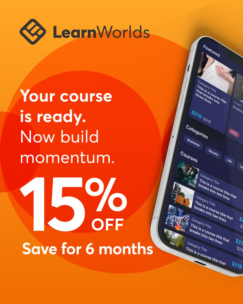 Ready to turn your course into cash? 💸 

Now’s the perfect time to start, for a limited time, enjoy 15% off for 6 months on all new monthly plans and our mobile app add-on 👉 getlearnworlds.co/3T6yNgf.

Launch your course, grow your brand, and save while doing it. 🚀 Don’t wait,