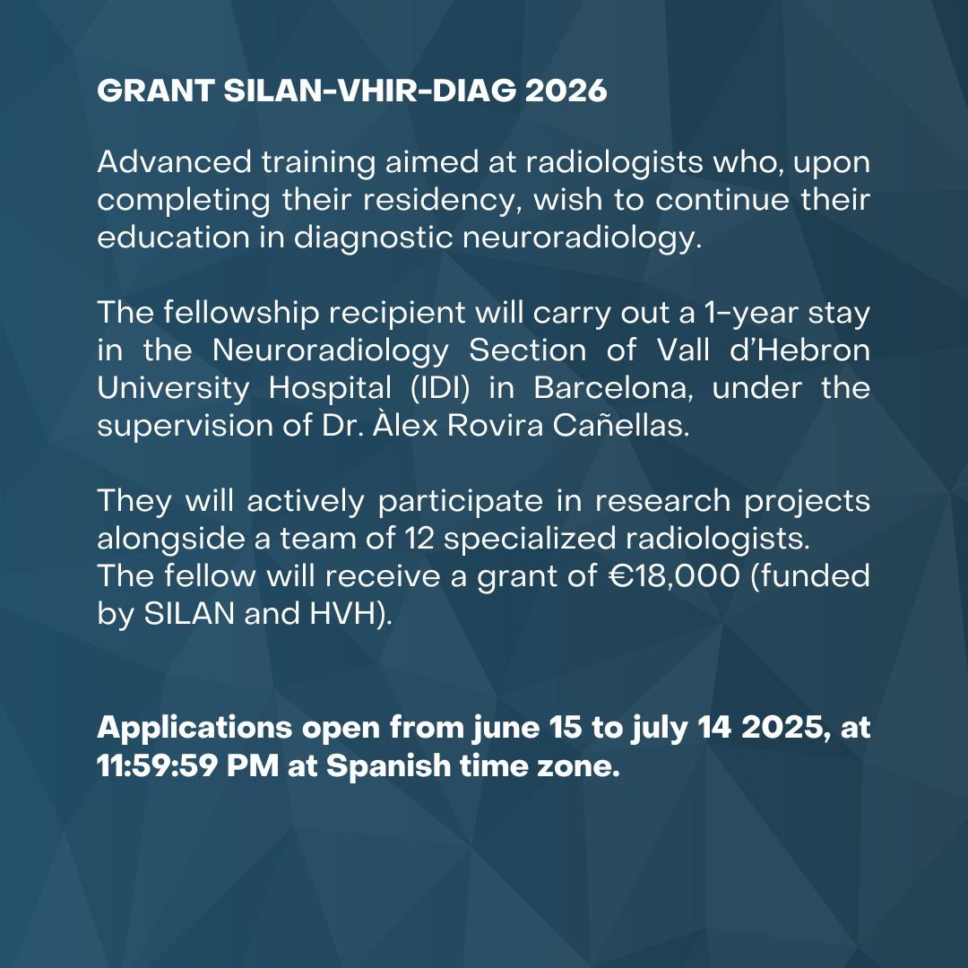 SILAN (@silan_neurorad) on Twitter photo 🧠 BECA SILAN-VHIR-DIAG 2026
Postulaciones hasta el 14 de julio de 2025 .
Más información y requisitos: silan.org 
#BecaSILAN #Neurorradiología 🧠 BECA SILAN-VHIR-DIAG 2026
Postulaciones hasta el 14 de julio de 2025 .
Más información y requisitos: silan.org 
#BecaSILAN #Neurorradiología