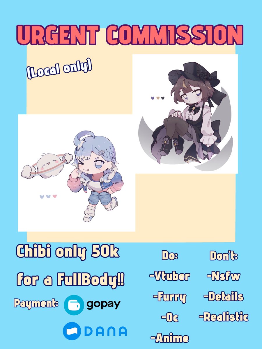 Guys...

I'm opened Chibi Commission!!! THIS IS URGENT,
Only 4 slots!!!