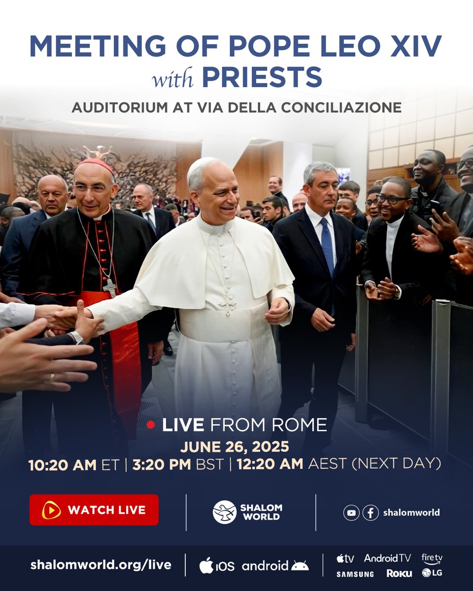 Watch LIVE: Meeting of Pope Leo XIV with Priests | Live from Rome
June 26 at 10:20 AM ET | 3:20 PM BST | 12:20 AM AEST (Next Day)