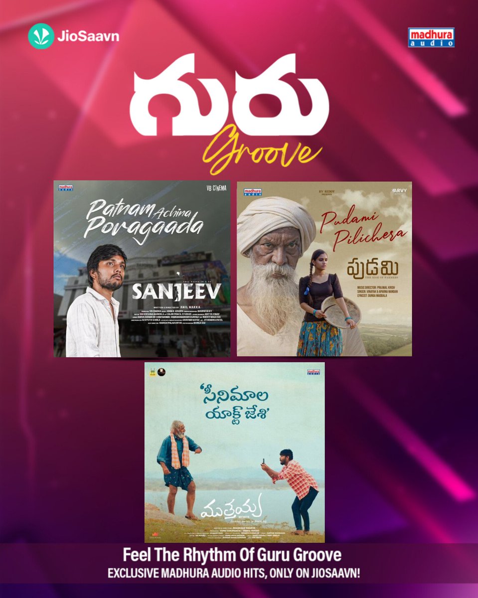 Let the music speak—<a href="/MadhuraAudio/">Madhura Audio</a>'s Guru Groove’s soulful soundscapes are now live on <a href="/JioSaavn/">JioSaavn</a> 

#PatnamAchinaPoragada : jiosaavn.com/song/patnam-ac…

#PudamiPilichera : jiosaavn.com/song/pudami-pi…

#CinemaLaActJeshi : jiosaavn.com/song/cinema-la…