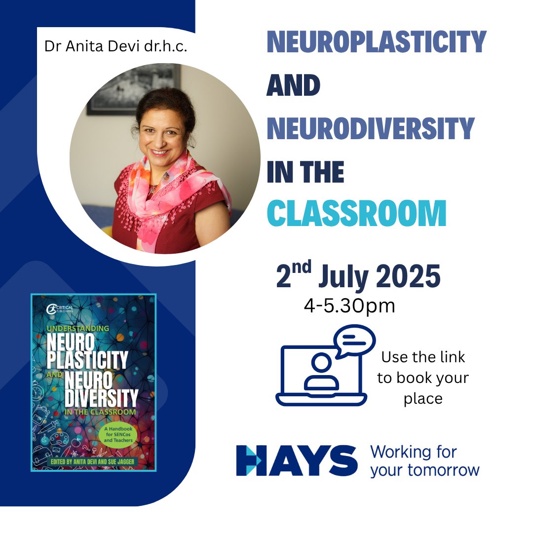 *** Don't miss out!

Still time left to research your place at this FREE event.  Join Dr Anita Devi and the Hays Education Team for

Book your place here: hays.zoom.us/meeting/regist…

#neuroplasticity ##neurodiversity #classroom #senco #inclusion #schools
#TeamADL