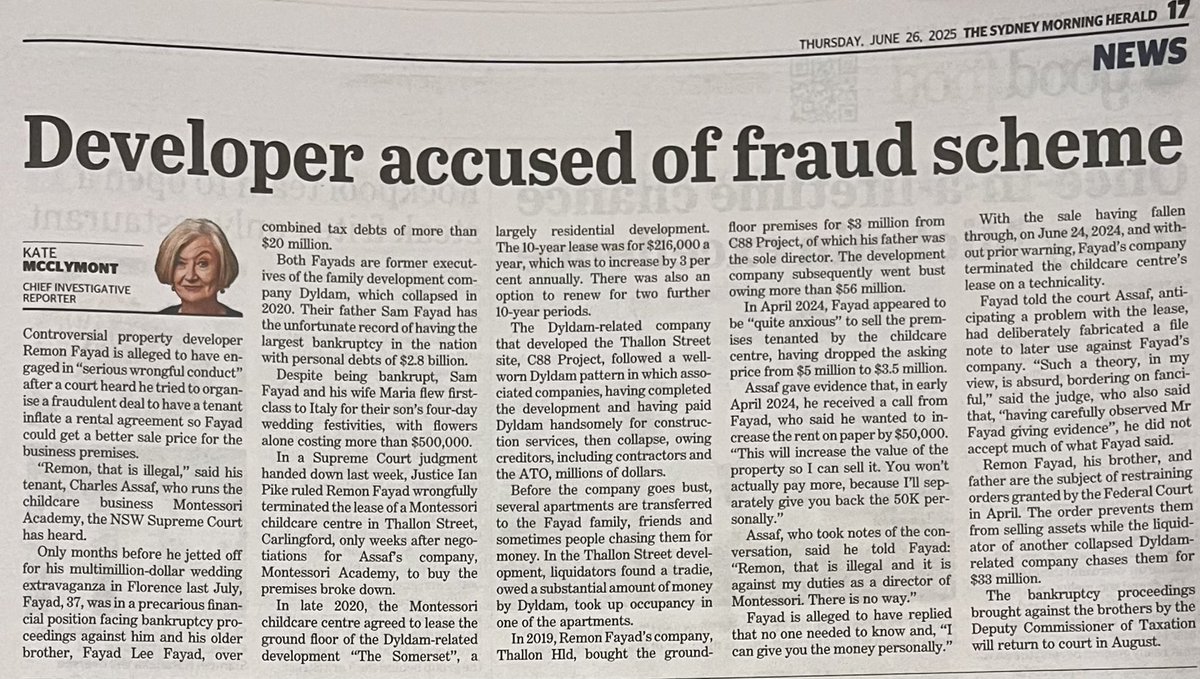 Philip Thalis (@philipthalis) on Twitter photo Always enjoy a good <a href="/Kate_McClymont/">Kate McClymont</a> takedown of another shonky Sydney developer.
Though the Dyldam dynasty is the gift that just keeps giving…. Or withholding, if you are the ATO or an unfortunate unsecured creditor or unfortunate resident… Always enjoy a good <a href="/Kate_McClymont/">Kate McClymont</a> takedown of another shonky Sydney developer.
Though the Dyldam dynasty is the gift that just keeps giving…. Or withholding, if you are the ATO or an unfortunate unsecured creditor or unfortunate resident…