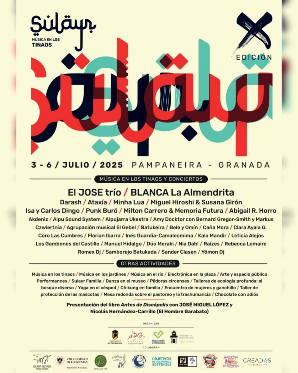 ¡Ya está aquí el cartel del #FestivalSulayr 2025! 🎵 

Del 3 al 6 de julio en Pampaneira (Granada). 

Artistas como El José Trio, Blanca La Almen drita y más. 

¡Música, talleres y diversión para todos! 

#Granadallenadevida