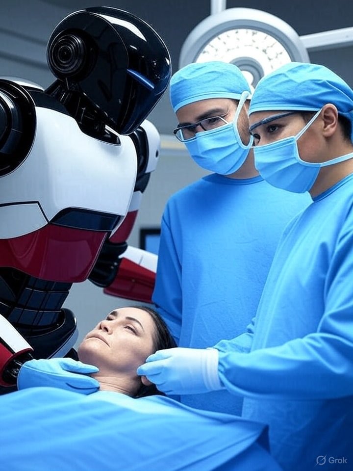 VSandulache2025's tweet image. Optimus as a first assist in the OR (courtesy of Grok). While at the same time maintaining the anesthesia and nursing OR record; maintaining and reporting all instrument, needle and sponge counts in real time; notifying the pathology team that specimens are ready for frozen…