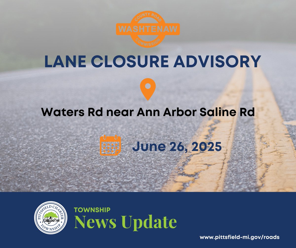 6/26/25 - The right lane on Waters Rd near Ann Arbor Saline Rd will be closed for utility work.
The road will not be closed to traffic, but delays are likely due to lane restrictions.
The work will take approximately one day to complete.