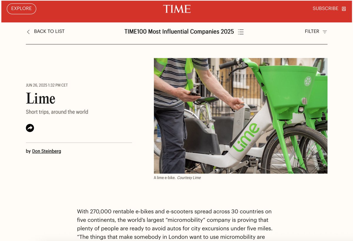 .<a href="/limebike/">Lime</a> makes it to <a href="/TIME/">TIME</a> 100 Most Influential Companies 2025

time.com/collections/ti…