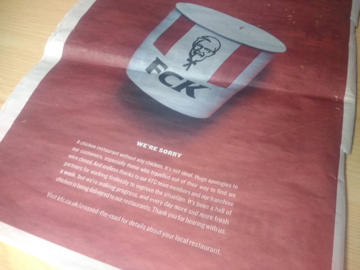 vinilsays's tweet photo. KFC Ran Out Of Chicken... And Turned It Into A Marketing Win

In the UK, KFC had a logistics issue and literally ran out of chicken. Instead of hiding it, they printed a full-page apology ad with a bold twist:

"FCK. We're sorry."

🔥It became the most viral brand apology ever. https://t.co/gmqxVVbr1N