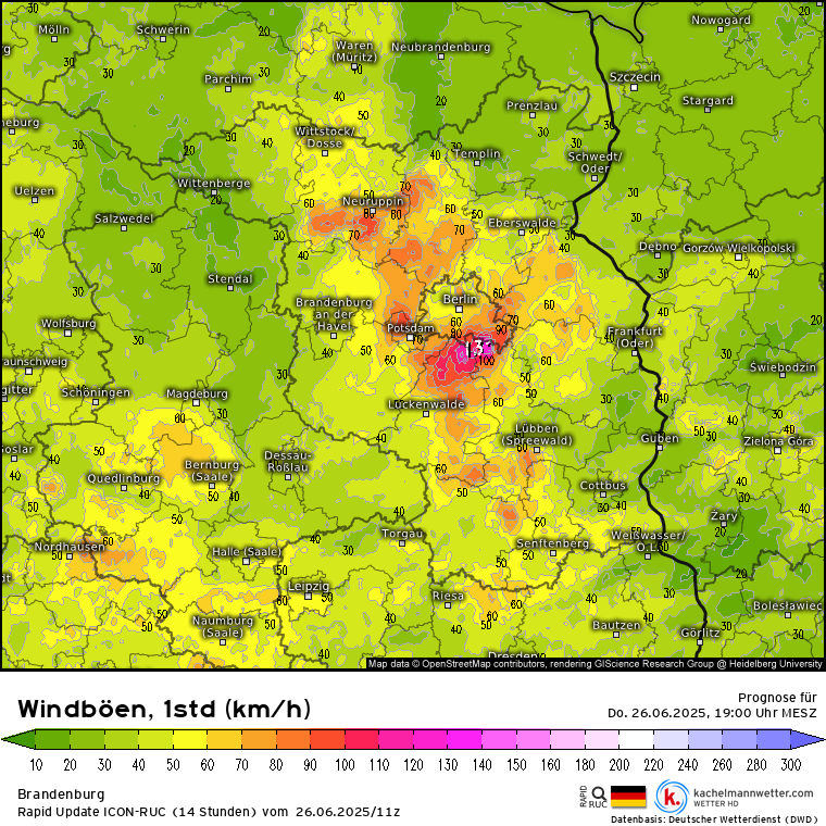 Das aktuelle Nowcast-Modell ICON-RUC auch im Umfeld von #Berlin / BER mit möglichen Böen >130 km/h. Das wäre dramatisch! Weiter verfolgen, muss nicht so kommen, aber bitte Wälder meiden, etc. - kachelmannwetter.com/de/modellkarte… - Wir berichten live: youtube.com/watch?v=ylKZbc… /FA