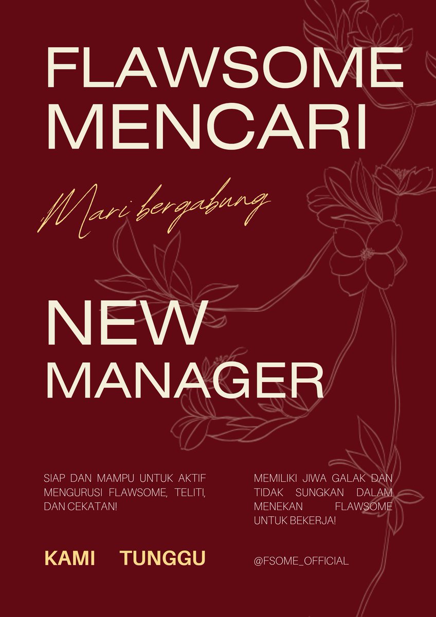 ㅤ
ㅤ
◇ 𝗜𝗡𝗙𝗢 𝗙𝗟𝗔𝗪𝗦𝗢𝗠𝗘 ◇

Hari ini datang membawa kabar untuk kalian semua yang berminat menjadi bagian dari tim FLAWSOME karena FLAWSOME membutuhkan kalian untuk membantu FLAWSOME dan kegiatan ke depannya. Jika berminat, silahkan DM ke <a href="/FSOME_Official/">𝗙𝗟𝗔𝗪𝗦𝗢𝗠𝗘 𝘖𝘍𝘍𝘐𝘊𝘌.</a>.
ㅤ
ㅤ