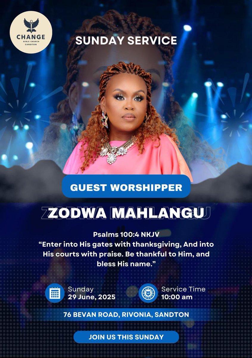 cbc_sandton's tweet photo. Join us this Sunday as Zodwa Mahlangu will be ministering in praise and worship. #CBCSandton #SundayService https://t.co/8ZPV3OZGeB
