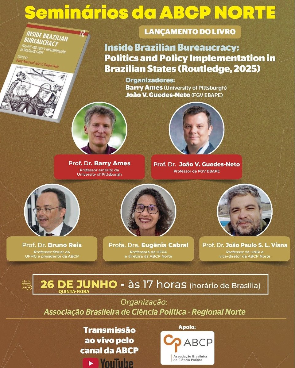 Hoje, às 17h (Brasília), lanço com Barry Ames nosso recém-publicado "Inside Brazilian Bureaucracy". 

O livro é fruto de survey com +10 mil servidores públicos e envolve a participação de diversos pesquisadores brasileiros. 

Transmissão pela ABCP Norte: youtube.com/watch?v=m05Vh-…