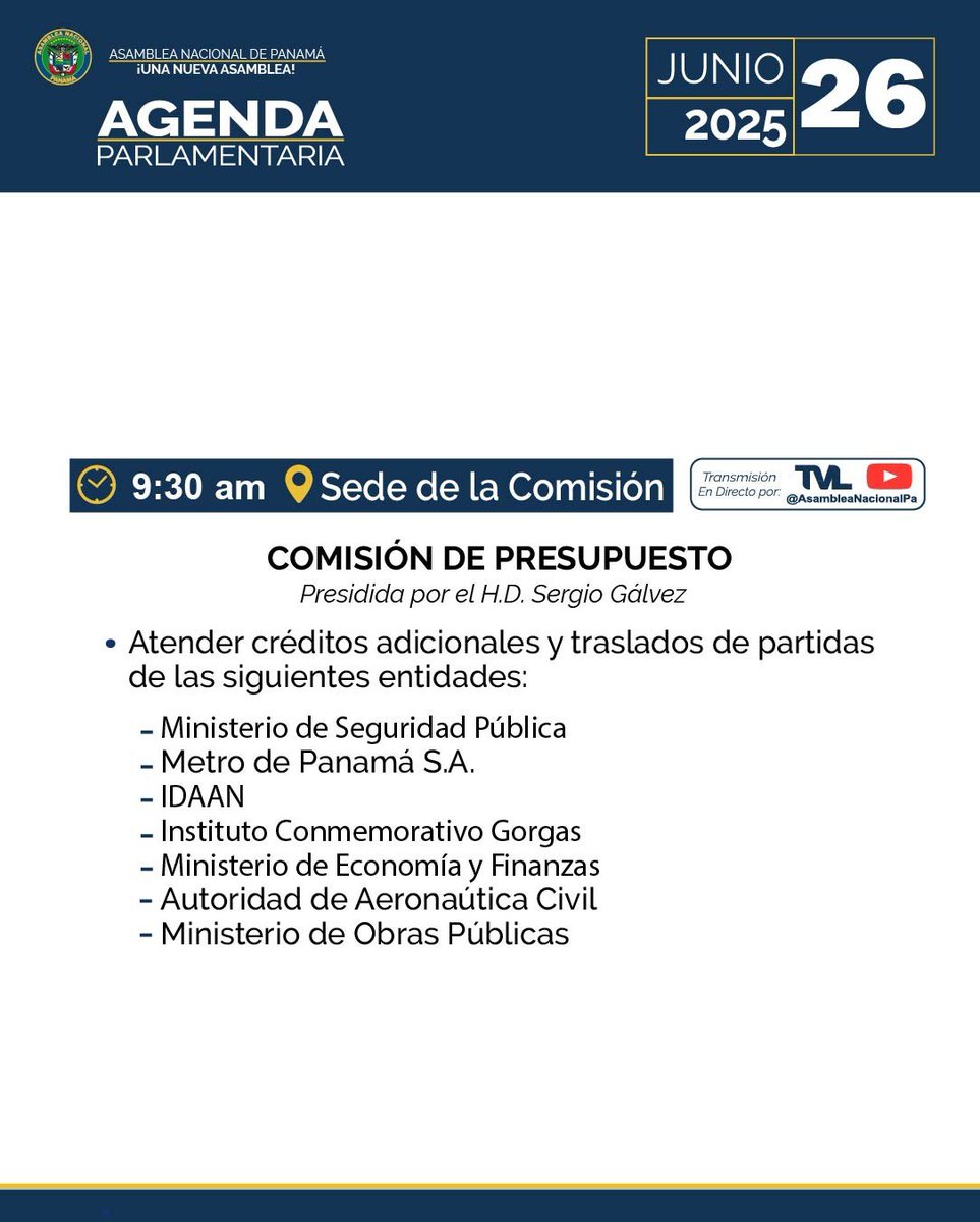 Compartimos la agenda de la Asamblea Nacional para hoy, jueves 26 de junio de 2025.

#UnaNuevaAsamblea
