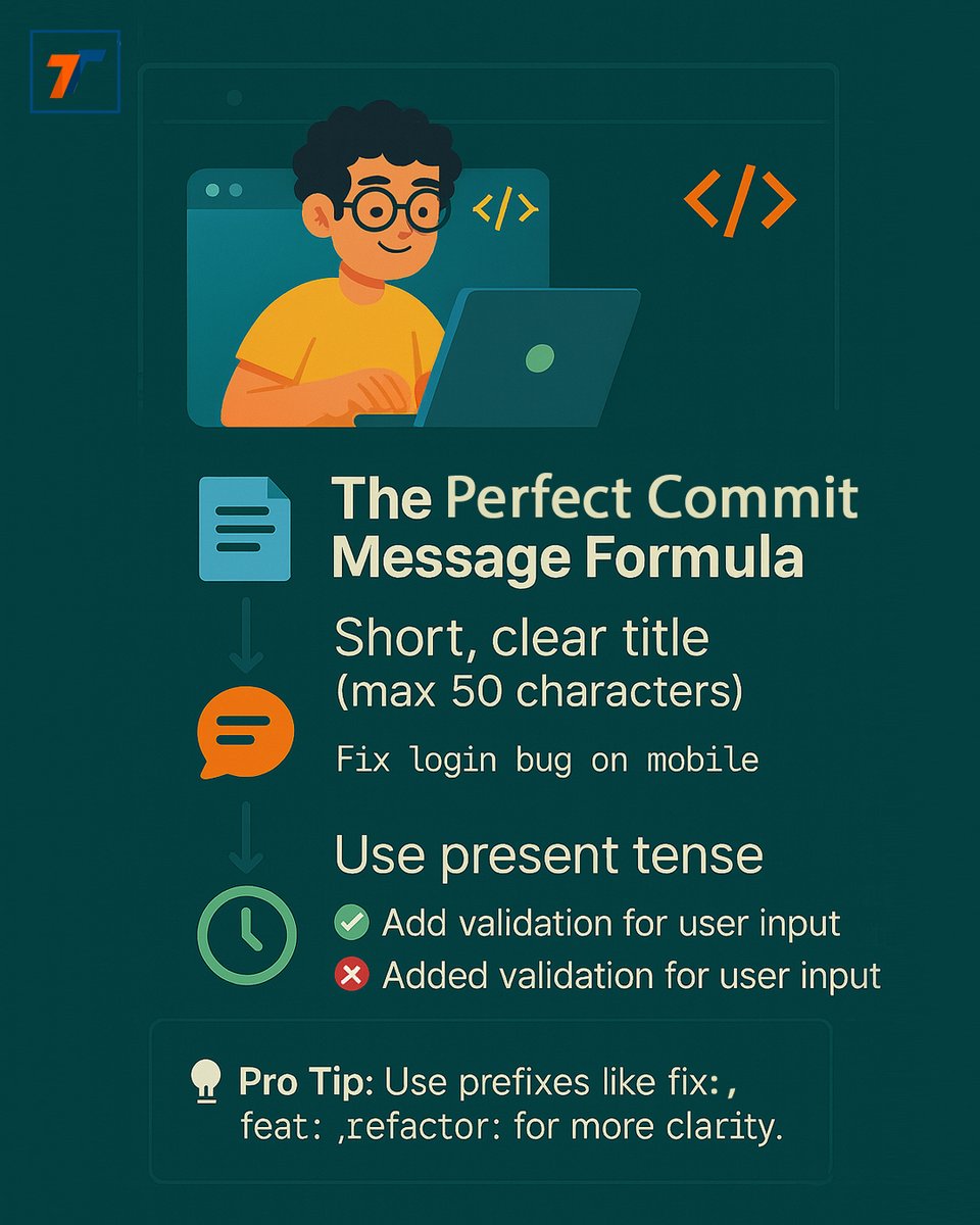 TechnanosoftTec's tweet image. “Your commit messages tell a story. Let’s make them great.” #GitGood #DevLife #CodeNewbie #CleanCode #SoftwareEngineering #DevTips #TechTwitter #CodeQuality #OpenSource #ProgrammingTips