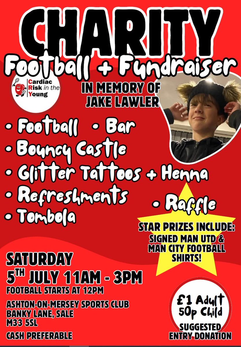 Tombola prizes needed please drop any donations to Sale High School reception. Soft drinks accepted!! Also 5th July…. Come along and support this family day for Jake
