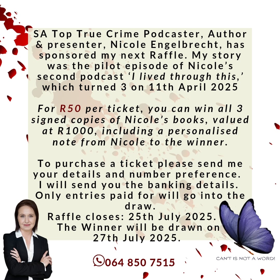 TCSApod's tweet image. Shan Visser is a friend of both TCSA and I Lived Through This (her story is the inaugural ep) I&apos;ve donated my 3 books to be raffled off to help raise funds for her journey to wellness. The books are valued at over R1,000 and the tickets are just R50! Sounds like a deal to me.