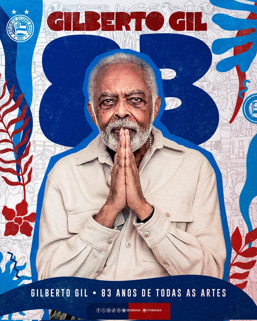 Esporte Clube Bahia (@ecbahia) on Twitter photo 🎂 Aquele Abraço pro #AniversarianteDoDia! São 83 anos de vida do gênio <a href="/gilbertogil/">Gilberto Gil</a>, que já nos homenageou em músicas e no histórico show responsável por consagrar o Hino do Bahia, em 1969, ao lado de Caetano Veloso.
Voz, ideias, letras e ritmos que guiam gerações ao longo de 🎂 Aquele Abraço pro #AniversarianteDoDia! São 83 anos de vida do gênio <a href="/gilbertogil/">Gilberto Gil</a>, que já nos homenageou em músicas e no histórico show responsável por consagrar o Hino do Bahia, em 1969, ao lado de Caetano Veloso.
Voz, ideias, letras e ritmos que guiam gerações ao longo de
