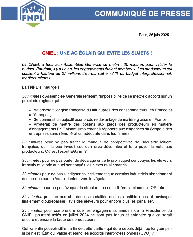 CNIEL : UNE AG ÉCLAIR QUI ÉVITE LES SUJETS !
AG du Cniel ce matin : 30 mn pour valider le budget. Pourtant, il y a un an, les engagements étaient nombreux. Les producteurs qui cotisent à hauteur de 73% du budget de l'interprofession, méritent mieux ! #CeuxQuiFontLeLait