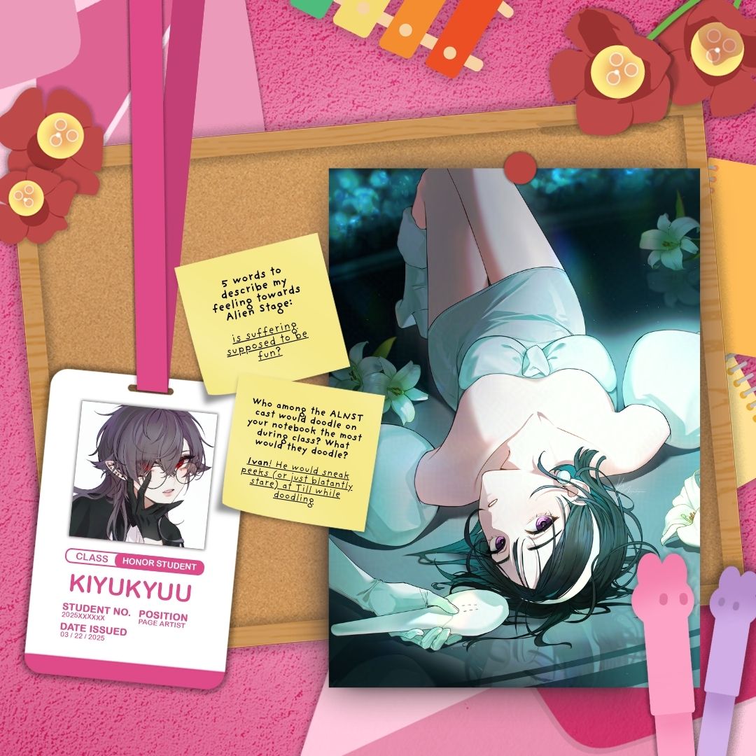 anakt_corp's tweet image. ౨ৎ PAGE ARTIST: KiyuKyuu ౨ৎ
Introducing page artist, @_kiyukyuu_!
Uh oh, looks like Ivan's just using doodling on KiyuKyuu's as an excuse to stare at Till from afar. Perhaps, it's a different type of fun suffering.
#AfterSchool_ALNST