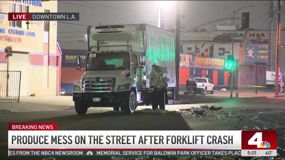 #BreakingNews‌ DTLA Olympic Blvd at Naomi St closed due to a crash involving a forklift and two other vehicles. There is a big mess on the road and boxes of cactus that will now have to be cleaned up. WATCH LIVE: nbclosangeles.com/watch/