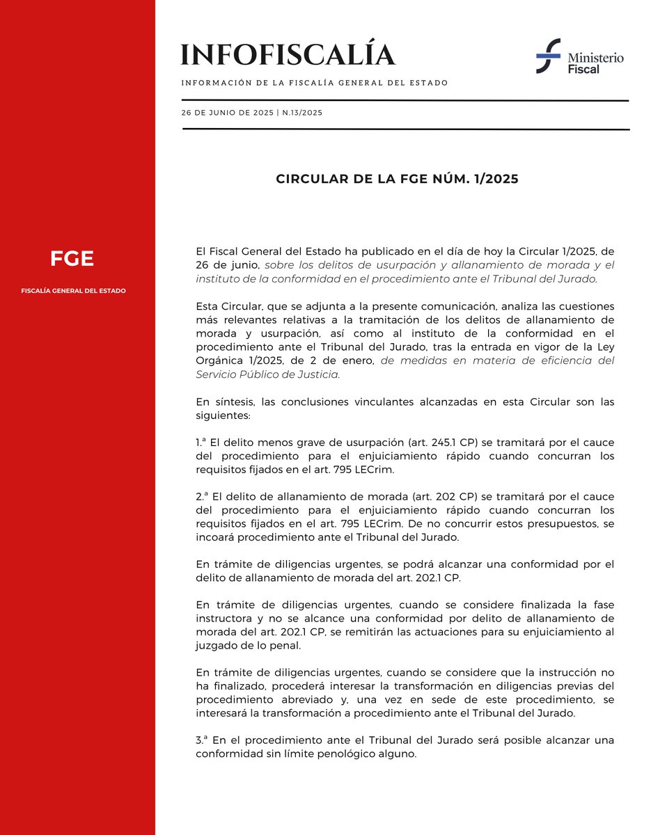 📰Infofiscalía 15/2025

➡️Circular de la FGE, de 26 de junio, sobre los delitos de usurpación y allanamiento de morada y el instituto de la conformidad en el procedimiento ante el Tribunal del Jurado.