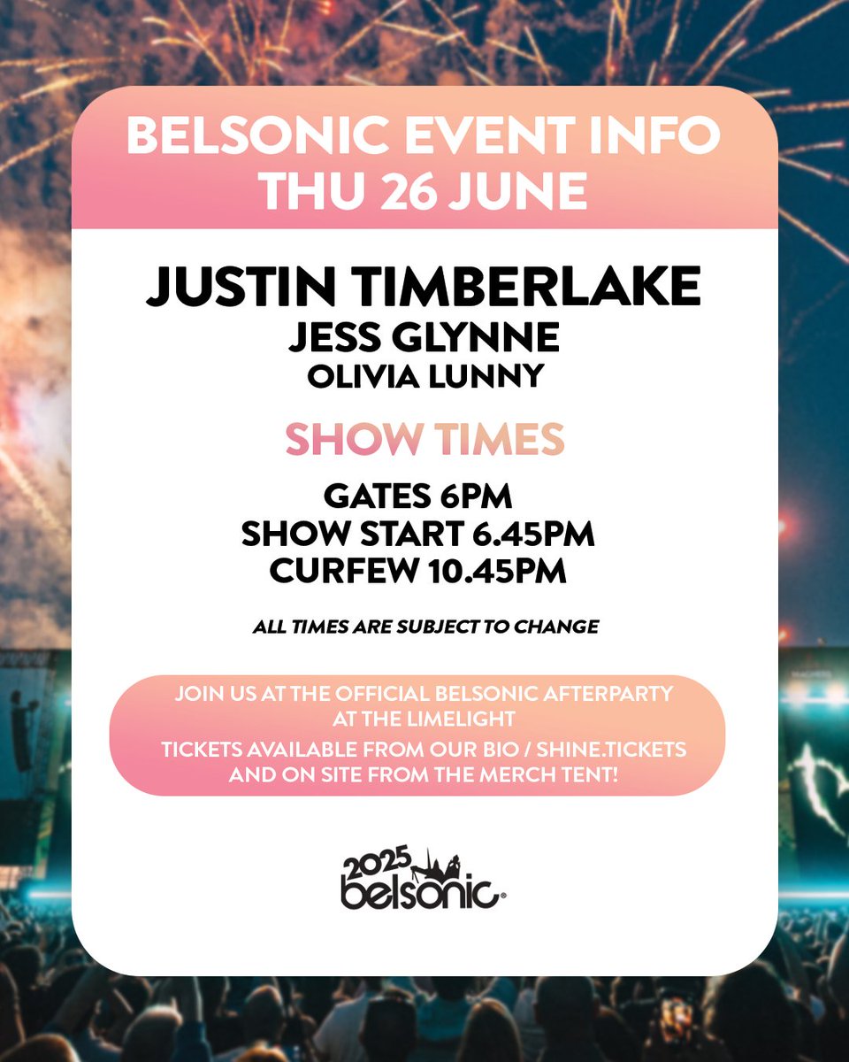 belsonicbelfast's tweet image. JUSTIN TIMBERLAKE, TIMES &amp;amp; EVENT INFO ℹ️ All times subject to change. Remaining tickets from Ticketmaster &amp;amp; at the gate.

Join us after the show for the Belsonic afterparty at The Limelight. Limited tickets remaining from shine.tickets and on-site from the merch tent.
