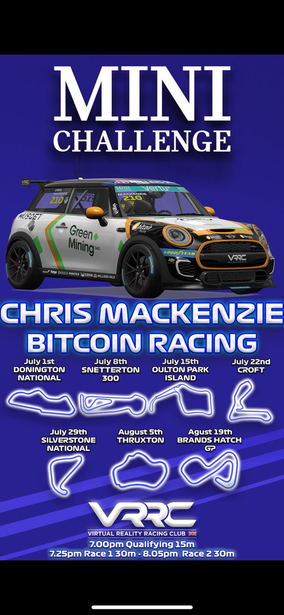 bitcoin_racing's tweet image. We’ve officially joined the MINI Challenge Sim Racing League! 🏁

Catch all the action live on YouTube and check out the full race calendar below.

⚡️Promoting Bitcoin on the real track — and now in the virtual world too.