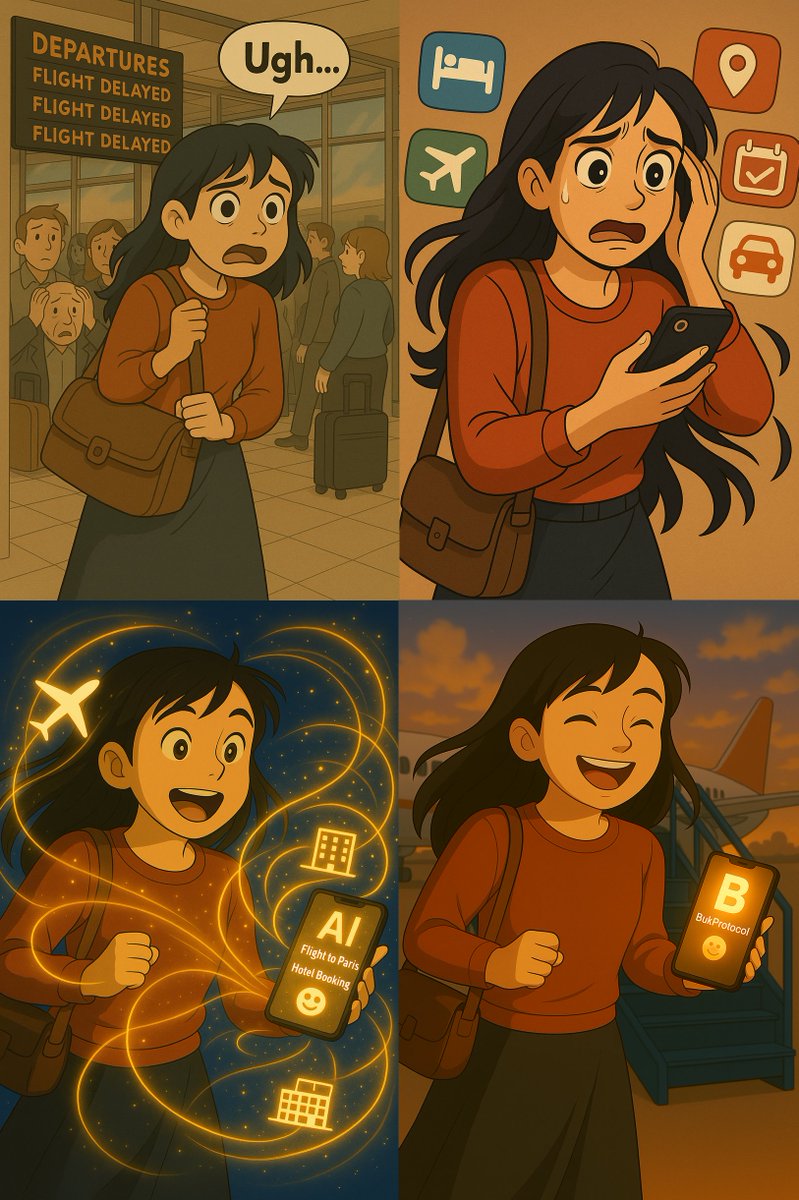 MasteraSnackin's tweet image. We&apos;ve all been there...   ✈️ Flight delayed AGAIN 📱 Scrambling for new plans 😰 Stress levels through the roof  What if AI could handle all of this for you?   That&apos;s exactly what BukProtocol does 🤖✨  #TravelSolutions #BukProtocol @BukProtocol #BukComic