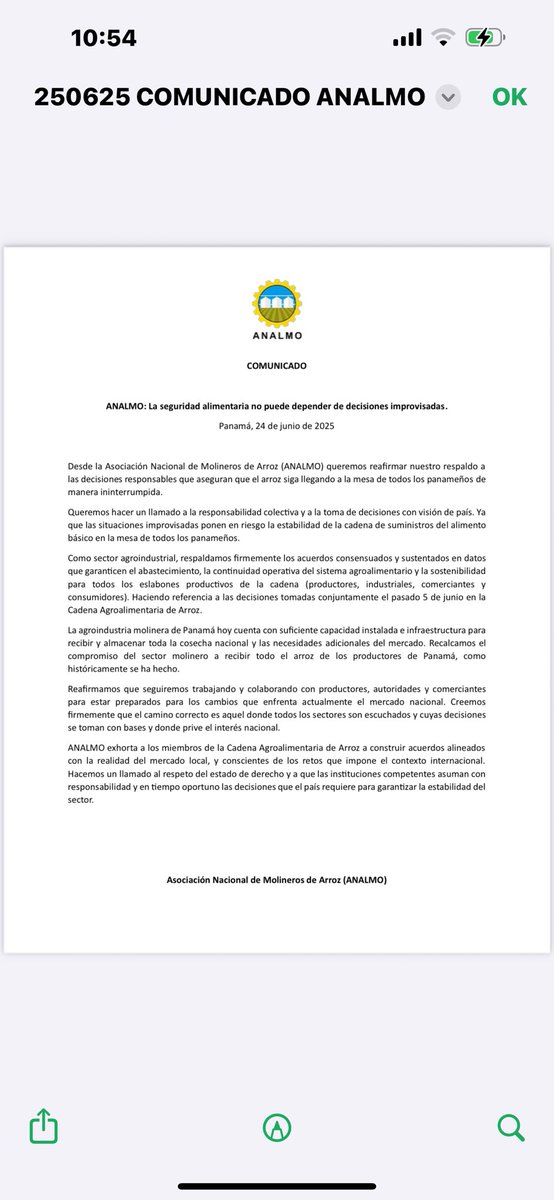 @analmo507 sustenta en su comunicado que la seguridad alimentaria no se sustenta en decisiones improvisadas. Hacen un llamado a respetar la decisión del pasado 5 de junio de 2025, donde se aprobó la importación en cadena de 1 millón 100 mil qq de arroz en cáscara
