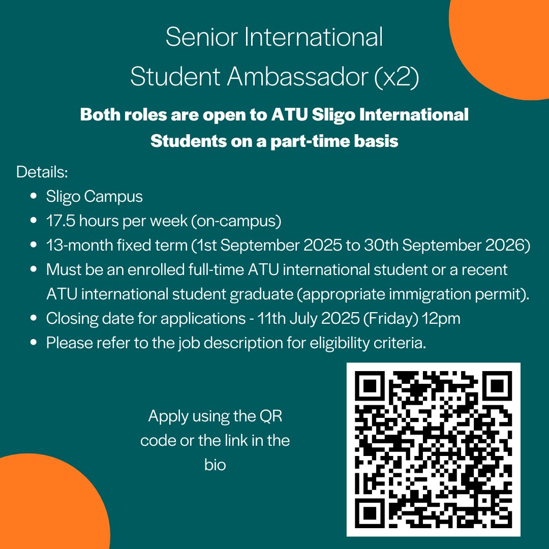 📣 We are hiring! <a href="/atusligo_global/">ATU Global</a> is seeking to recruit 2 part time senior international student ambassadors for <a href="/atusligo_ie/">ATU Sligo</a> campus. ✍️ apply by 11th July 2025 12pm using the QR code or atu.ie/connect/jobs/p…