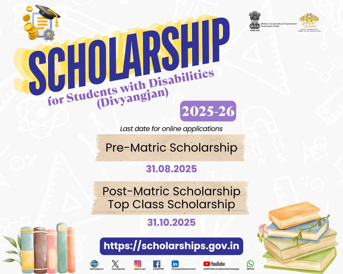 Divyang Empowerment (@socialpwds) on Twitter photo Golden Opportunity for Students with Disabilities
Are you a student with a disability aspiring to excel in your academic journey? Here’s your chance to turn those aspirations into reality!
<a href="/socialpwds/">Divyang Empowerment</a> invites applications under its Pre-Matric, Post-Matric, and Top Class Golden Opportunity for Students with Disabilities
Are you a student with a disability aspiring to excel in your academic journey? Here’s your chance to turn those aspirations into reality!
<a href="/socialpwds/">Divyang Empowerment</a> invites applications under its Pre-Matric, Post-Matric, and Top Class