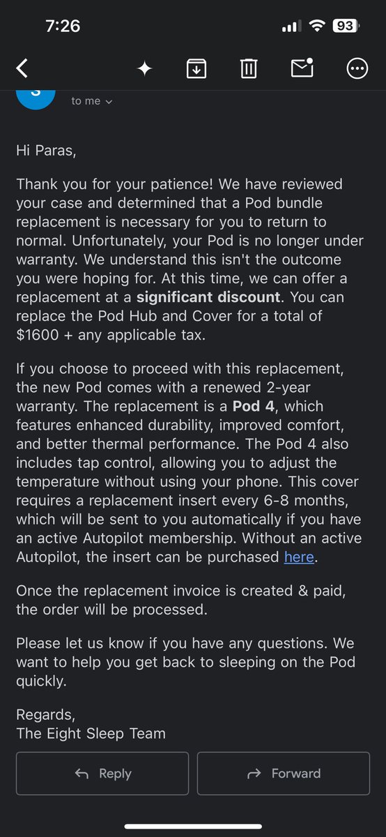 The <a href="/eightsleep/">Eight Sleep</a> team is wild. They’ve delivered me 3 new pods / mattresses in 2 years because theirs keep breaking and now instead of replacing this one they are telling me their (defective) product is not under warranty

So they are willing to sell me a prior gen version for a
