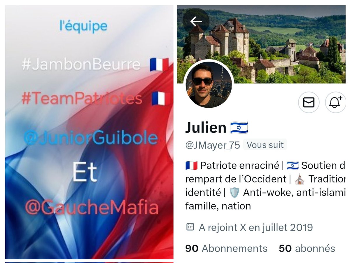 INFO🚨 Merci de partager !🚨
Mes amis abonnés😉
Ainsi que l'équipe #JambonBeurre #TeamPatriotes  🇨🇵 
Notre ami  <a href="/JMayer_75/">Julien 🇮🇱</a>   👍
Aurait besoin d'un petit coup de pouce pour grossir sa TL!🥳
Et ainsi lui donner plus de visibilité ! Merci de vous abonner à lui !🙏
Et n'oubliez