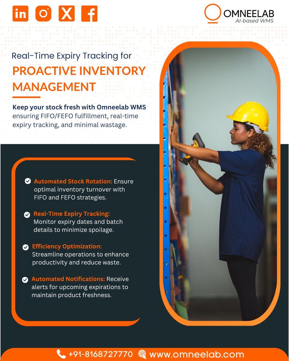 Say goodbye to expired stock and wastage with Omneelab WMS! 

Advanced FIFO/FEFO rotation, real-time expiry tracking, and automated alerts keep your inventory fresh and losses minimal. Transform your inventory management - book your FREE demo today! 👉 calendly.com/schedule-a-cal…