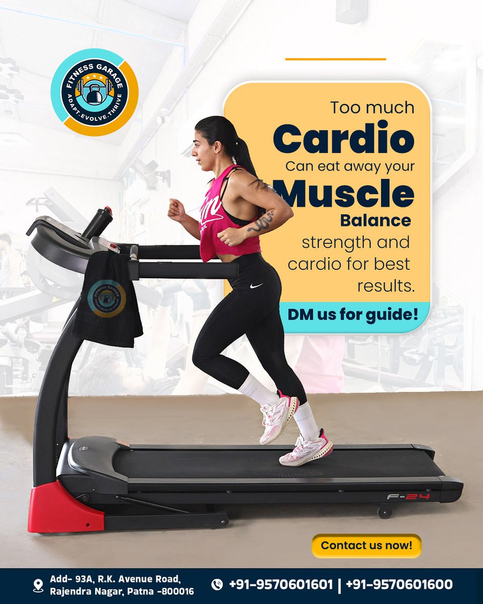 fitness_garage4's tweet image. Too much cardio can do more harm than good! 🏃‍♀️
Balance is key between strength &amp;amp; cardio for effective results.
 
#FitnessGarage #PatnaFitness #CardioTips #MuscleCare