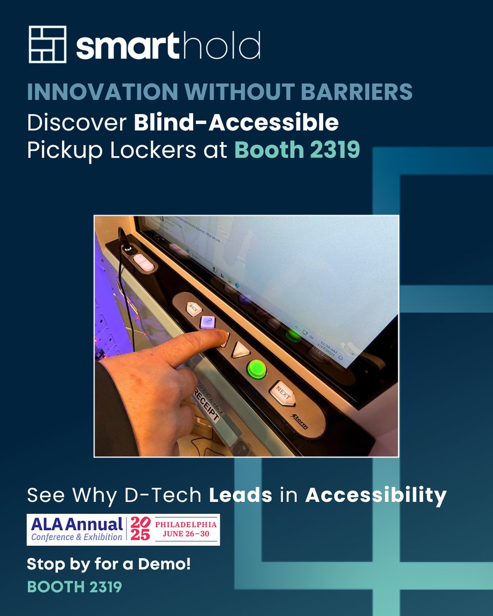 Dtechdirect's tweet image. Join us at Booth 2319 in Philadelphia from June 26 – June 30 to explore our latest library technology solutions. Let’s talk about the future of self-service, security, and innovation in libraries. #ALAAC25 #accessibility #libraryrfid #smartlockers #blindaccessibility