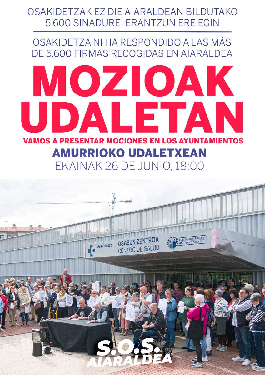 🔊 Gogoratu! 🔊

Gaur arratsaldeko seietan osasun sistema publiko eta duinaren aldeko mozioa eztabaidatuko da Amurrioko Udalean.

Hoy a las seis de la tarde se debatirá la moción a favor de un sistema público y digno en el pleno de Amurrio.

Animatu bertaratzera!