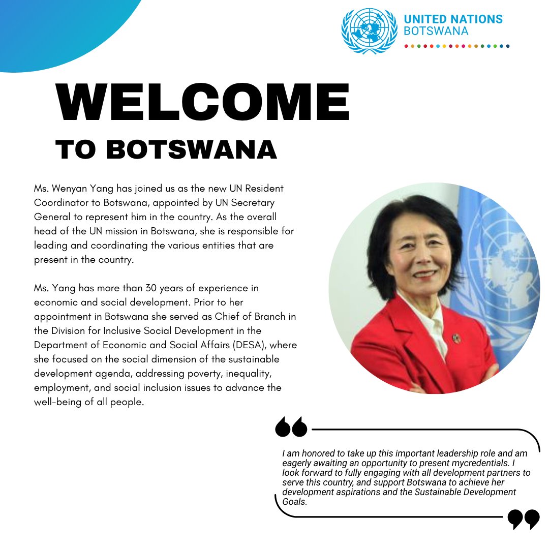 UN Botswana (@un_botswana) on Twitter photo Excited to welcome Ms. Wenyan Yang, our new <a href="/UN/">United Nations</a> Resident Coordinator in Botswana 🇧🇼. Your role in advancing #SDGs and the 2030 agenda is crucial, and we look forward to your impactful leadership!
Rea go amogela. 💙 Excited to welcome Ms. Wenyan Yang, our new <a href="/UN/">United Nations</a> Resident Coordinator in Botswana 🇧🇼. Your role in advancing #SDGs and the 2030 agenda is crucial, and we look forward to your impactful leadership!
Rea go amogela. 💙