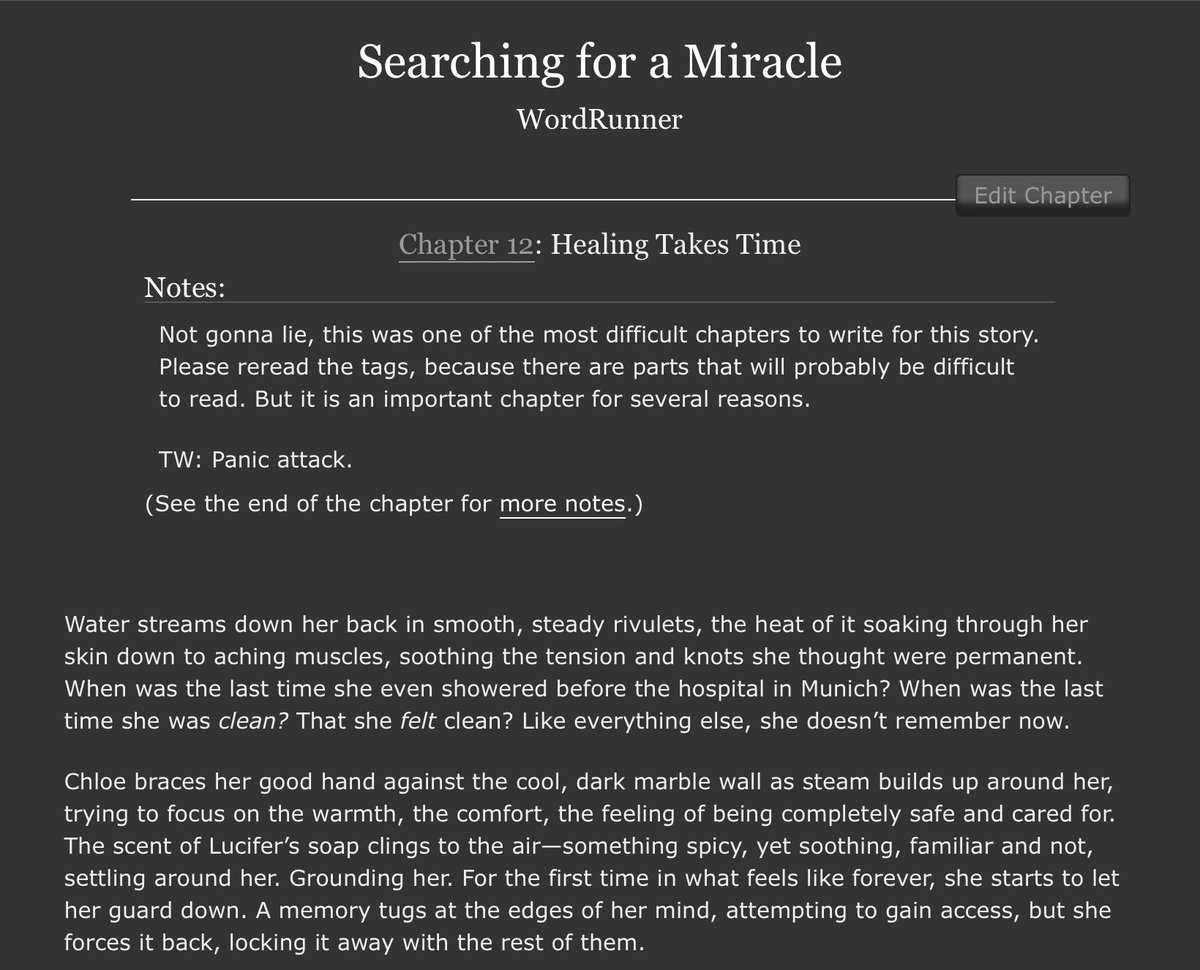 Searching for a Miracle update!

 Ch 12—"Healing Takes Time"

Chloe realizes even safe in Lucifer's penthouse, the past year isn't far behind her. Lucifer discovers the extent of her trauma at Caelum Veyne's hands.

archiveofourown.org/works/63914110…

#LuciferFanfiction
#LuciferNetflix