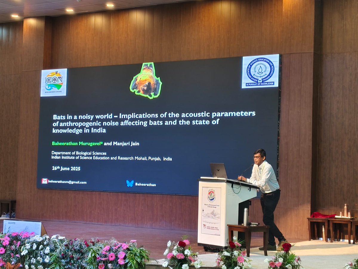 ICCON 2025 (@iccon_india) on Twitter photo Baheerathan Murugavel presented his research on the acoustic parameters of anthropogenic noise and how it acts as a sensory barriers for bats. The study shares insights about species specific as well as community level consequences due to intense noise. <a href="/IiserMohali/">IISER Mohali</a> #ICCON2025 Baheerathan Murugavel presented his research on the acoustic parameters of anthropogenic noise and how it acts as a sensory barriers for bats. The study shares insights about species specific as well as community level consequences due to intense noise. <a href="/IiserMohali/">IISER Mohali</a> #ICCON2025